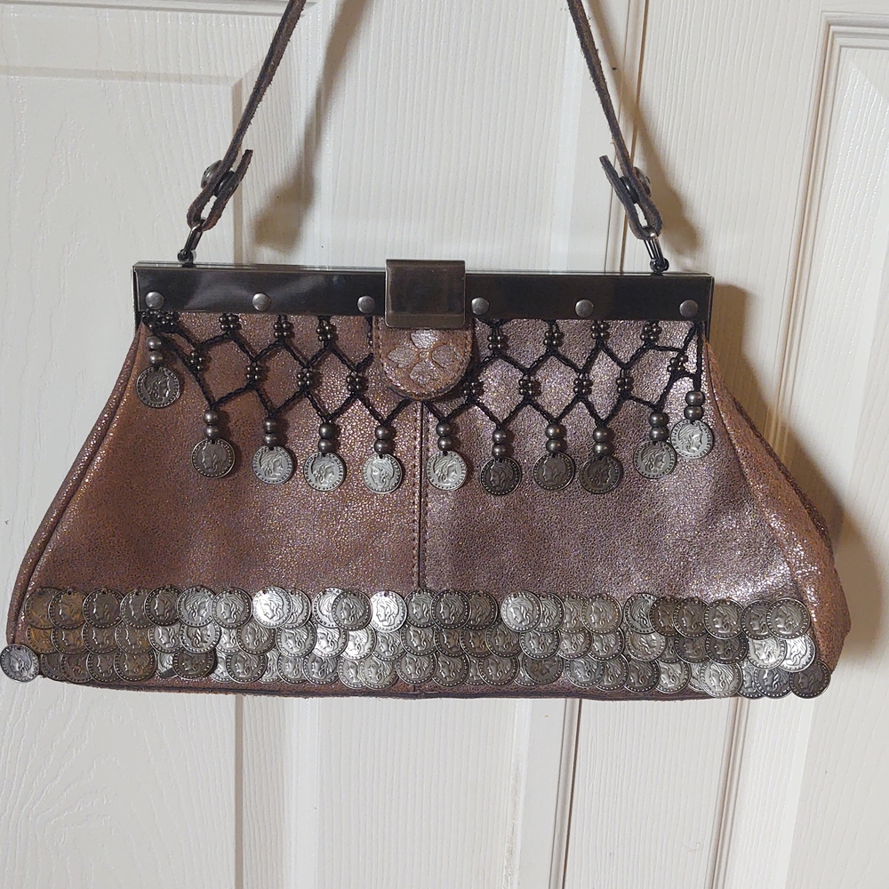 🌹Patricia Nash Vintage Inspired Metallic Brown Clutch with Coin Accents